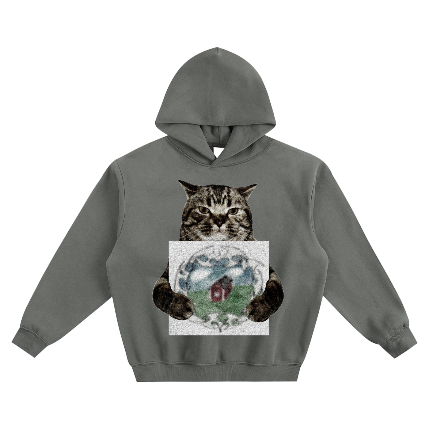 Cat Holding "Crest" Bladee and Ecco2k Hoodie v2- Gray