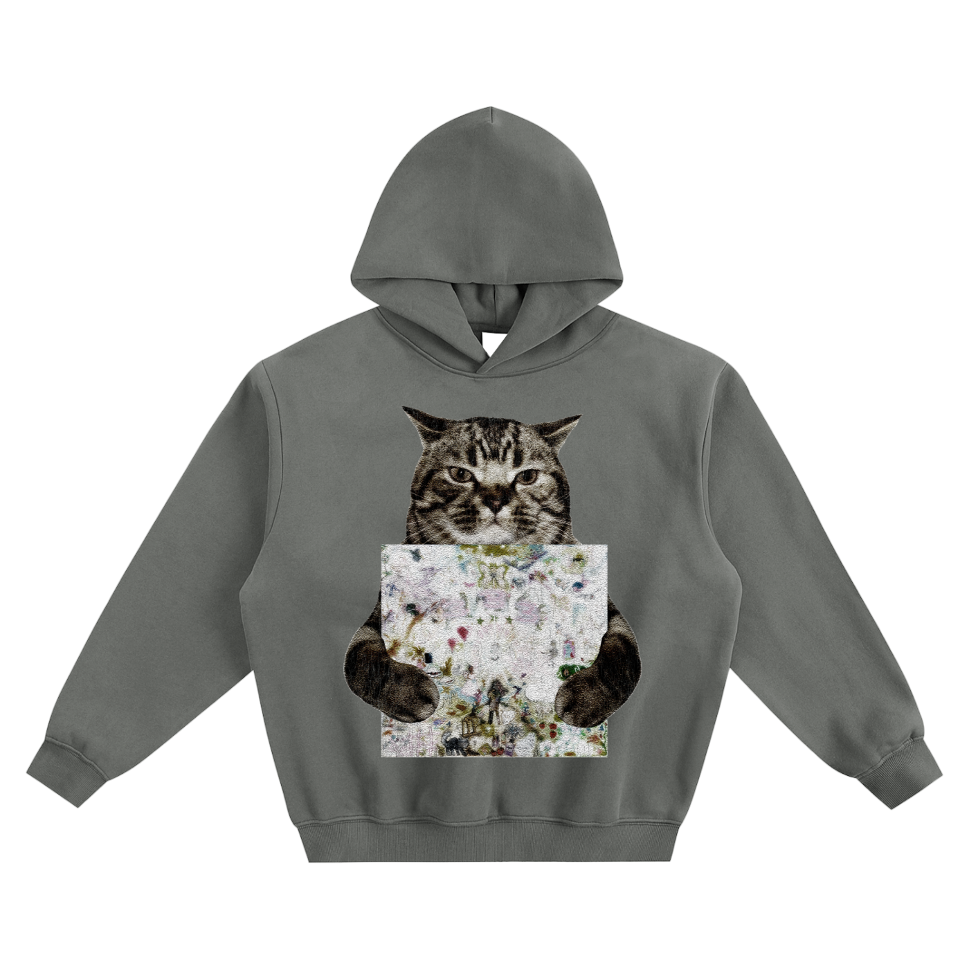 Cat Holding "333" Bladee Hoodie v2- Gray
